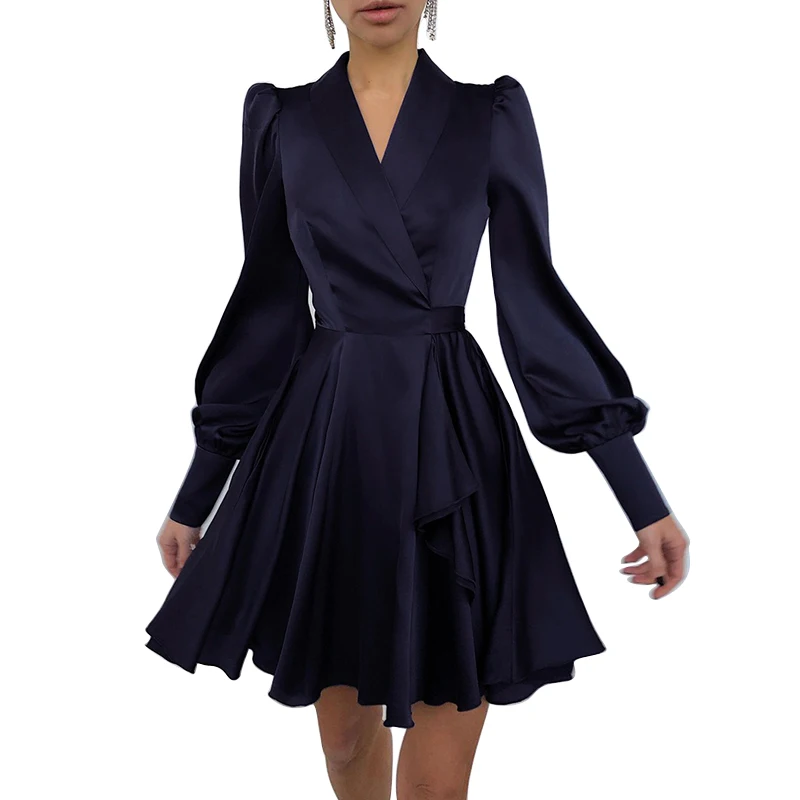 

Fanco Fashion Satin V-Neck Dress Women Lantern Sleeve 2021 Spring New Female Sexy High Waist French Elegant Office Lady Vestidos