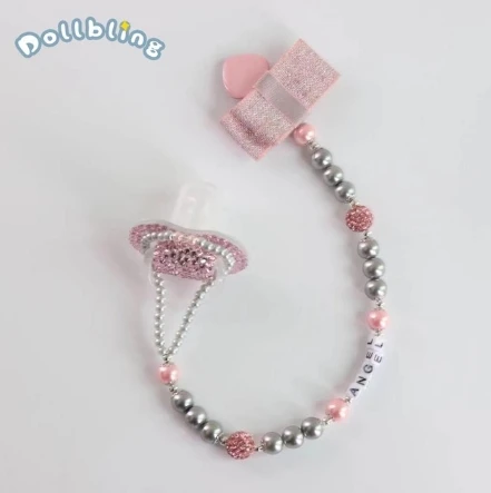 pink and grey На заказ стеклянные хрустальные детские соски с зажимами, бисероплетение, бриллиантовый бант, соски с цепочкой для новорожденных, детские подарки на день рождения, сувенир - Цвет: pink and grey
