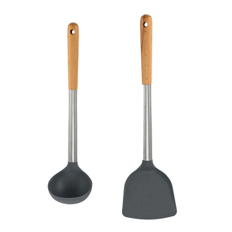 

Silicone Slotted Spatula and Soup Ladle Set Heat Resistant Deep Soup Spoon Silicone Slotted Turner with Wooden Handle