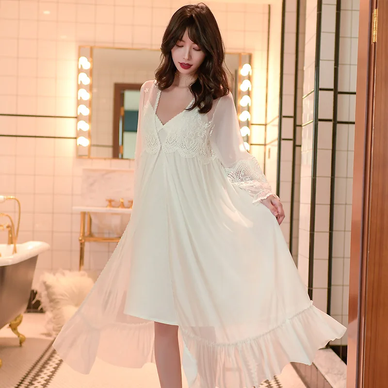 Women's Nightdress Court Lace Seductive Sexy Two Piece Suspender Nightdress Long Modal Home Wear with Chest Pad Robe Sets