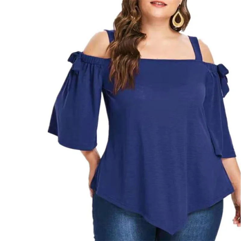 Women's T-shirts  Plus Size Asymmetric Strapless Bow Tie Irregular Loose Sling Camiseta Ropa Mujer Top Half sleeve Casual Tshirt