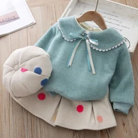 baby girl winter warm clothing kid girl polka dot skirt plush two piece suit doll collar wool sweater plus velvet thickening set