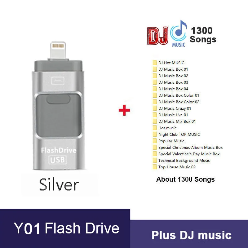 SilverY01 Plus DJ Флэш-накопитель USB для iPhone X / 8/7/7 Plus / 6 / 6s / 5 / SE / ipad OTG Pen Drive HD Picture Stick 16 ГБ 32 ГБ 64 ГБ 128 ГБ Плюс DIY ЛОГОТИП и DJ Music Pendrive USB 3.0 и Dropshipping - Цвет: SilverY01 Plus DJ