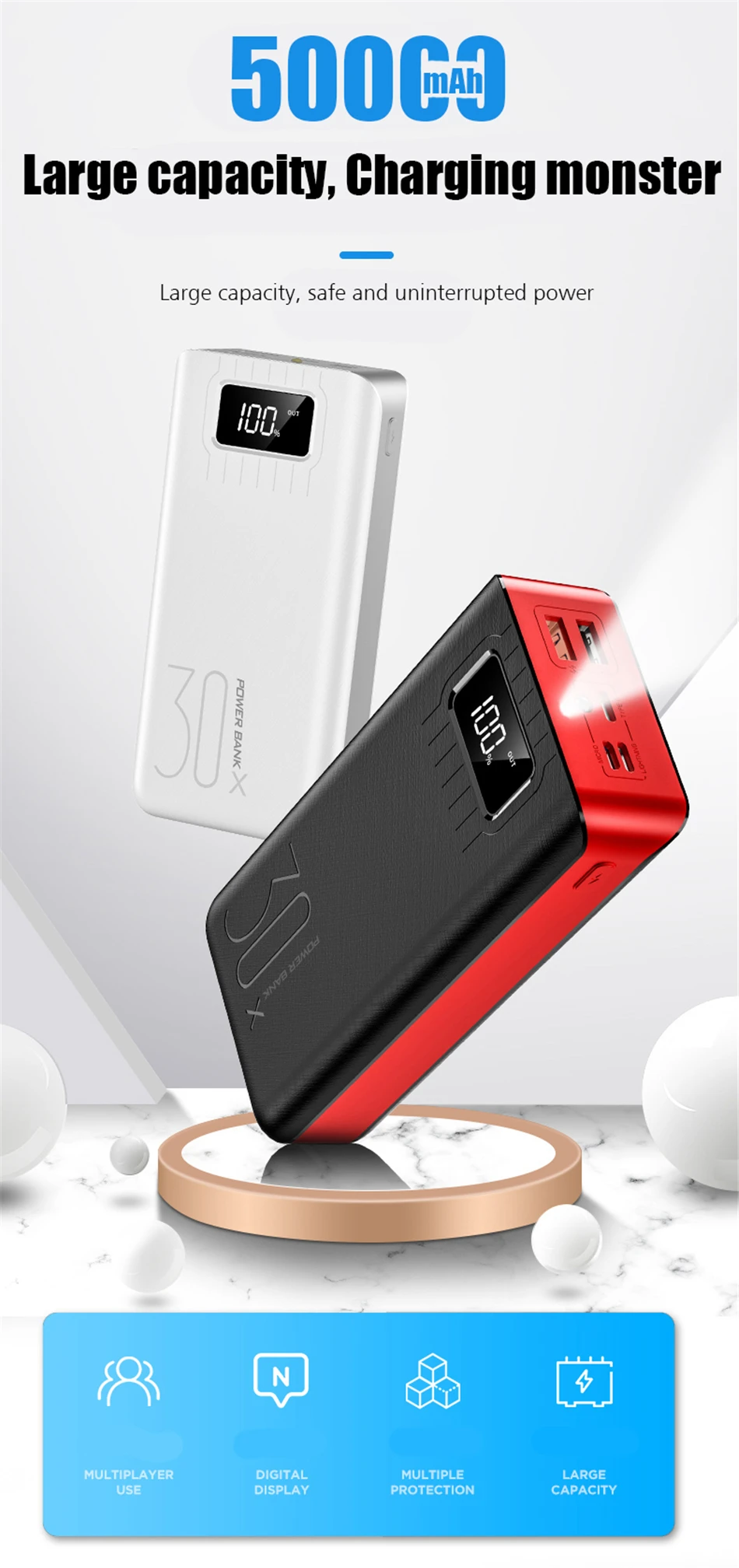 50000 мАч Внешний аккумулятор для iPhone X XS MAX 11 pro Xiaomi Mi 9 8 Pover Bank 2 USB светодиодный внешний аккумулятор для зарядки