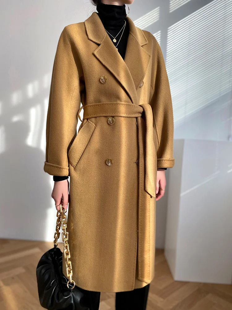 

Женское двубортное кашемировое пальто M family, классическое свободное шерстяное твидовое пальто со шнуровкой и воротником, Осень-зима