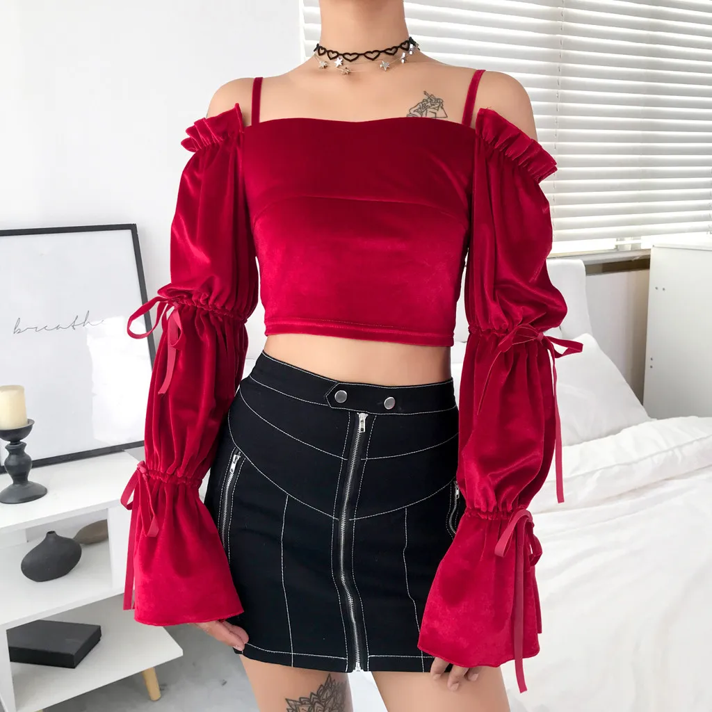 Женская футболка модная с длинным рукавом без бретелек бархатная бандажная для