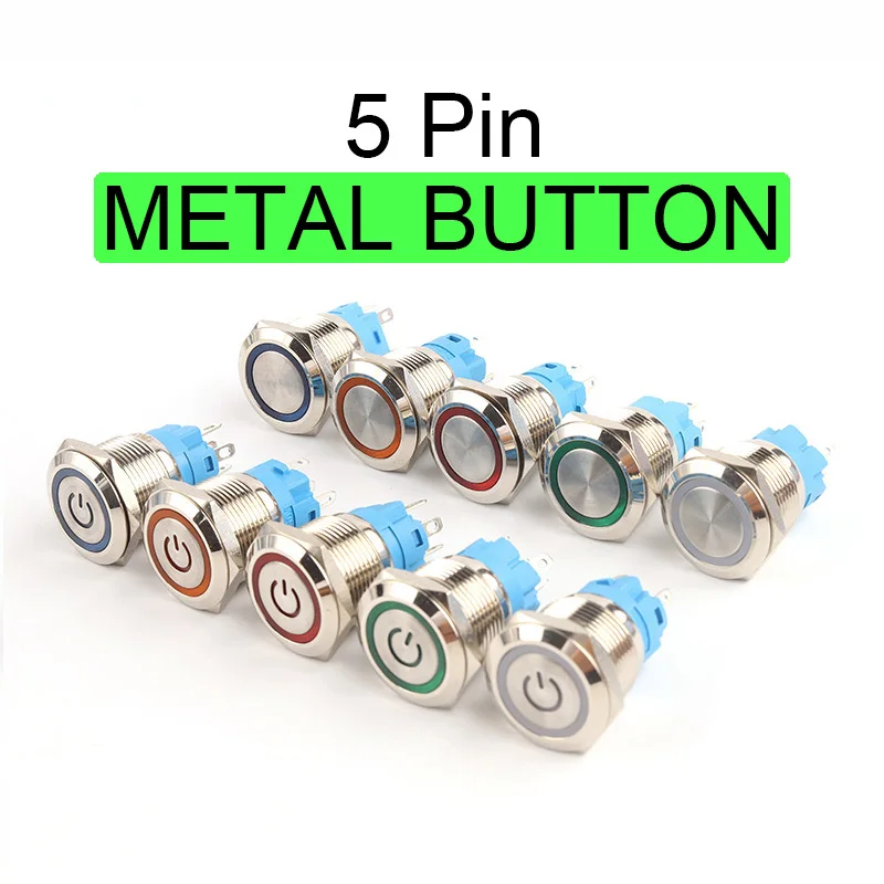 

16/19/22mm 5 Pin LED Light Self-locking Reset Momentary Power Switch 3-6V 12-24V 110-220V Waterproof Metal Push Button Switch