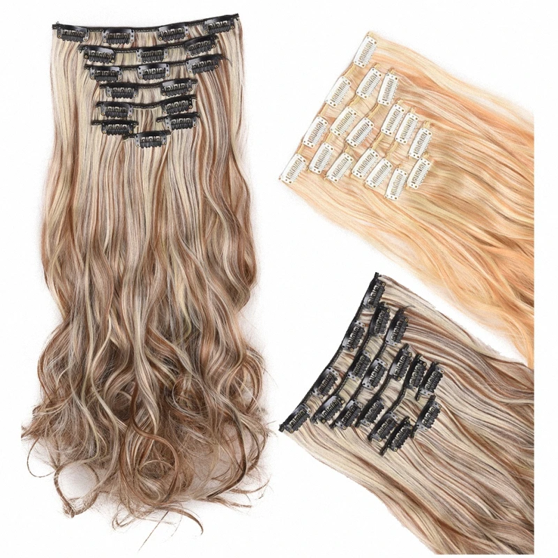 

Synthetic Clip In Hair Extensions 8Pcs 17 Clips On Piece Long Curly Wavy Fake Hairpiece Heat Resistant For Women 24 Inch 150g