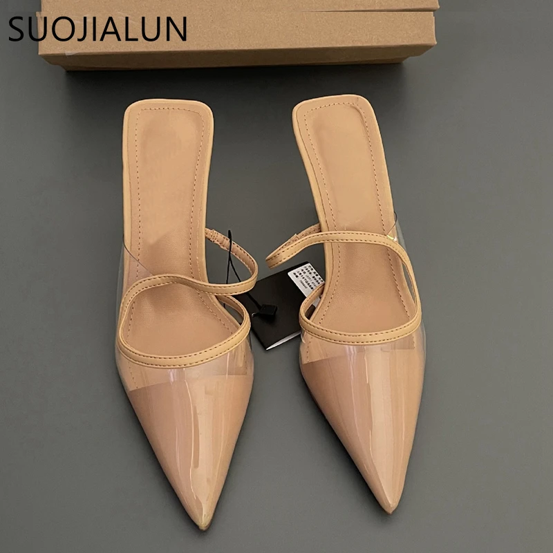 SUOJIALUN Fashion Brand Women Slipper Thin High Heel Ladies Sandal Shoes Pointed Toe Shallow Slip On Mules Outdoor Slides Mujer