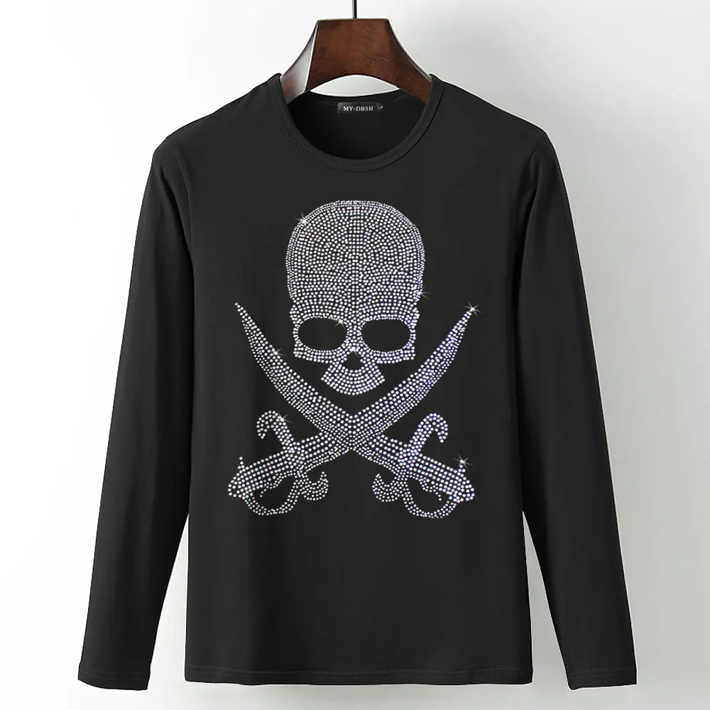 T003-O-Black Новые футболки с черепом и бриллиантами, тянущаяся хлопковая футболка с длинными рукавами, готический стиль, мужская Высококачественная футболка большого размера 5XL со стразами - Цвет: T003-O-Black