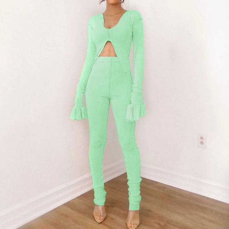 

Women Autumn Sexy 2 Piece Workout Outfits Set Flare Long Sleeve Crop Top Stacked Leggings Side Stripe Patchwork Bodycon Tracksui