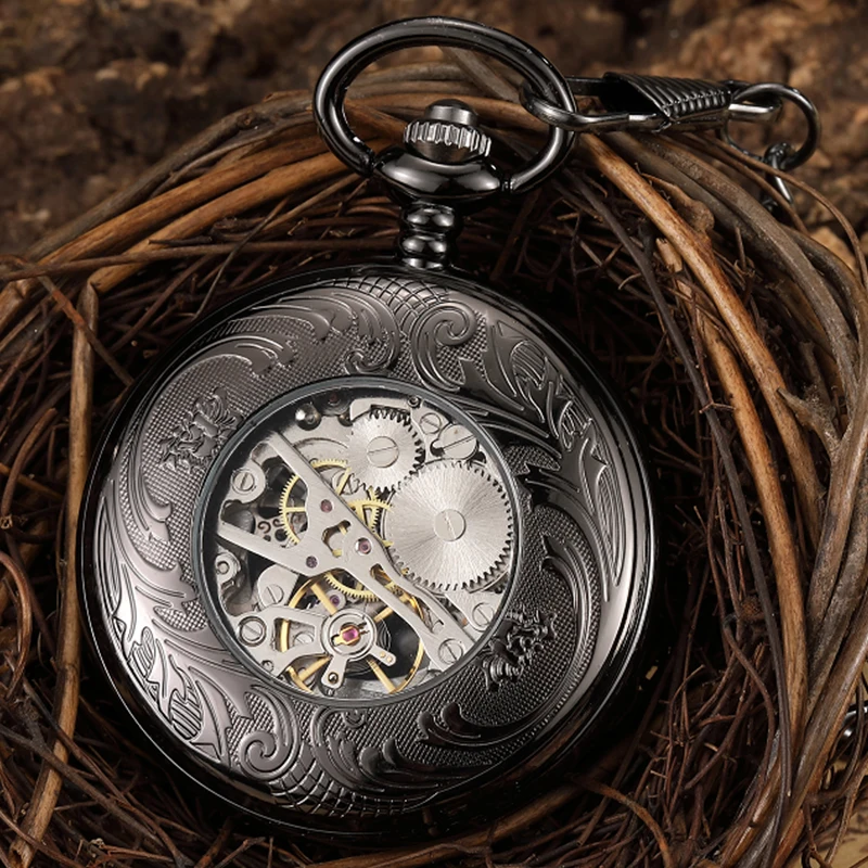 Horse Mechanical Pocket Watch Antique Roman Numerals Flying Wings Fob Chain Hanging Clock with Gift Box for Men Dropshipping