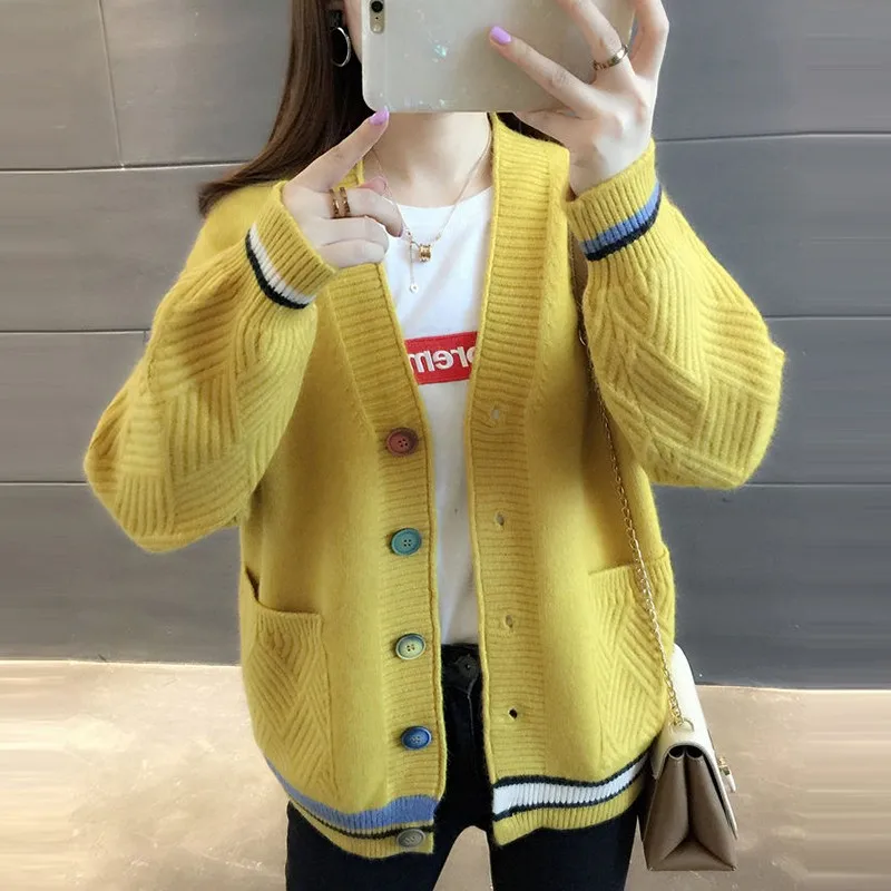 Thick Autumn Winter Women Sweater Vintage Knitted Casual Cardigan V-neck Single-Breasted Outwear Korean Pull Femme 10910 |
