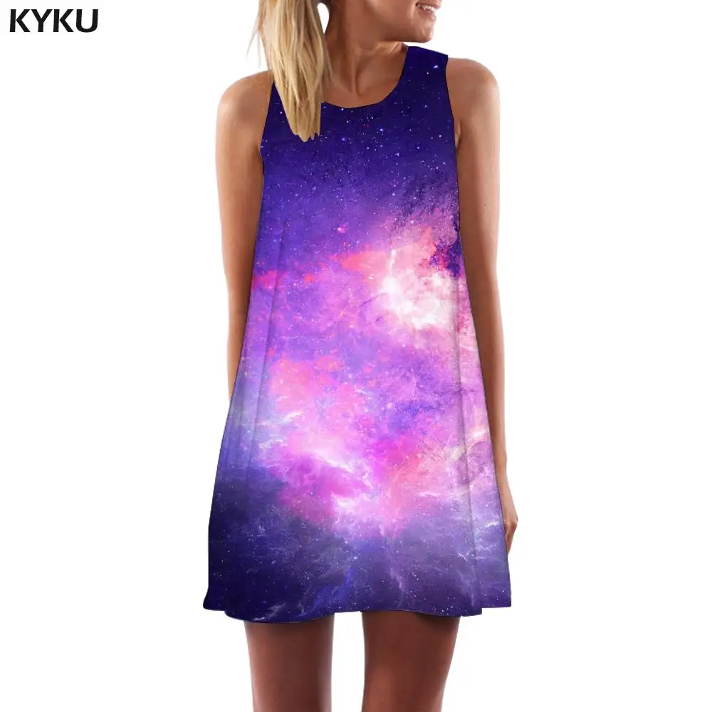 KYKU Brand Galaxy Dress Women Nebula Korean Style Sky Sundress Purple Boho Womens Clothing Vintage Gothic Wrap Fashion