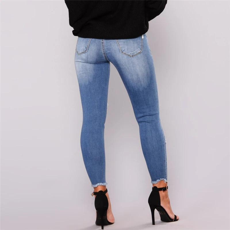 

Skinny Distressed Jeans Women Denim Pants Blue Pencil Ripped Jeans Ladies Fringe Stretch Mom Push Up Jeans Trousers Denim 2020