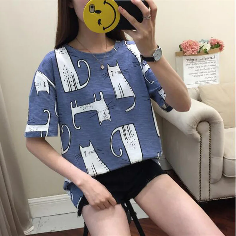 

Cute Cartoon Cat Print T shirt Women Spring Summer Short Sleeve Round Neck T-shirt Woman Casual Slim Fit T shirts Women kawaii