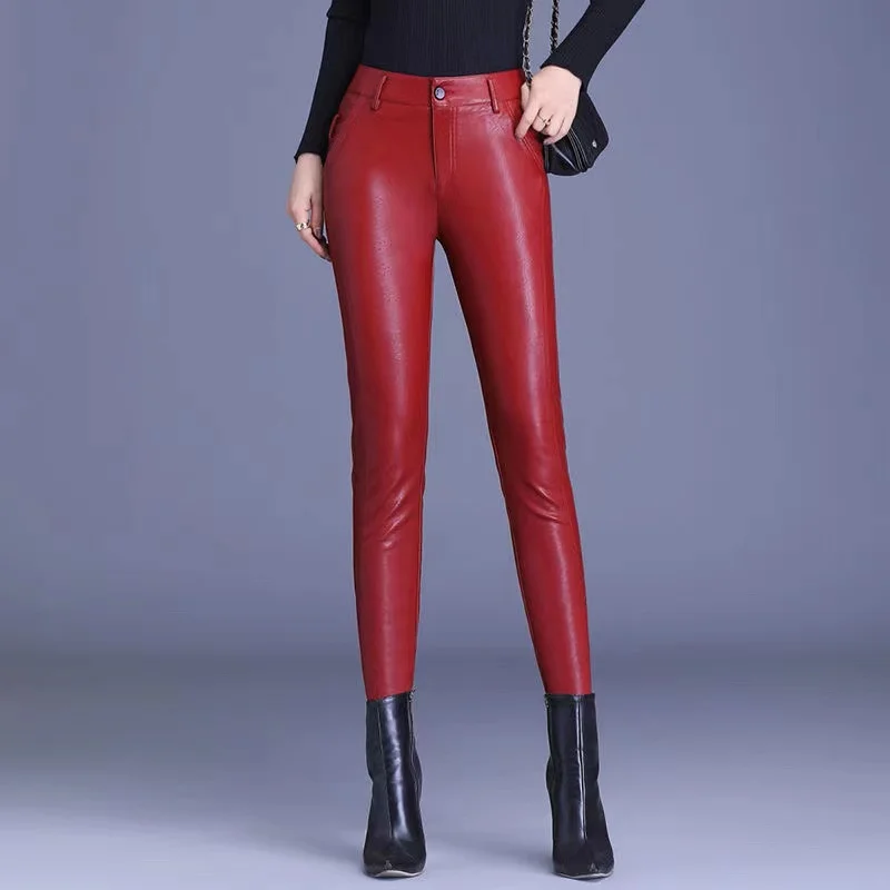 

Spring Fall Women Clothing High Waisted Black Wine Red Skinny Pu Leather Pants , Fashion Slim Trou 4xl 5xl Trousers for Woman