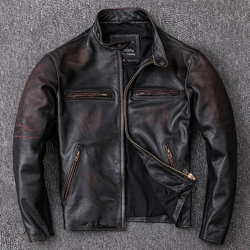 

Pop Arrival Vintage Dark Brown Leather Jackets,Cow Skin Casual Man Genuine Leather Coat Nice Shipping
