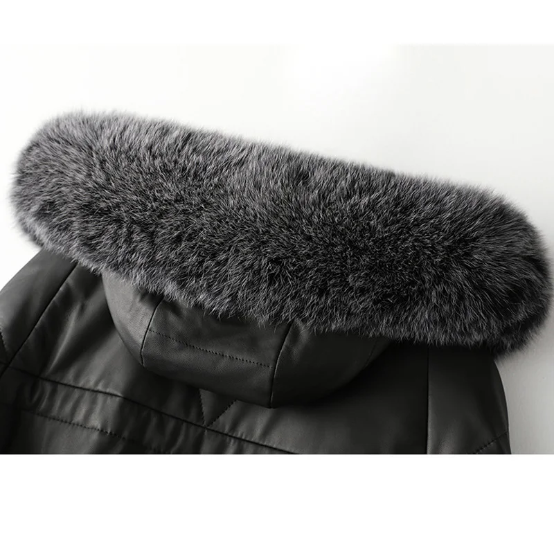 Autumn Formal New Mid-Length Sheep Skin Down Jacket Winter Black Loose Fox Fur Hooded Zipper Woman Coat with Pockets