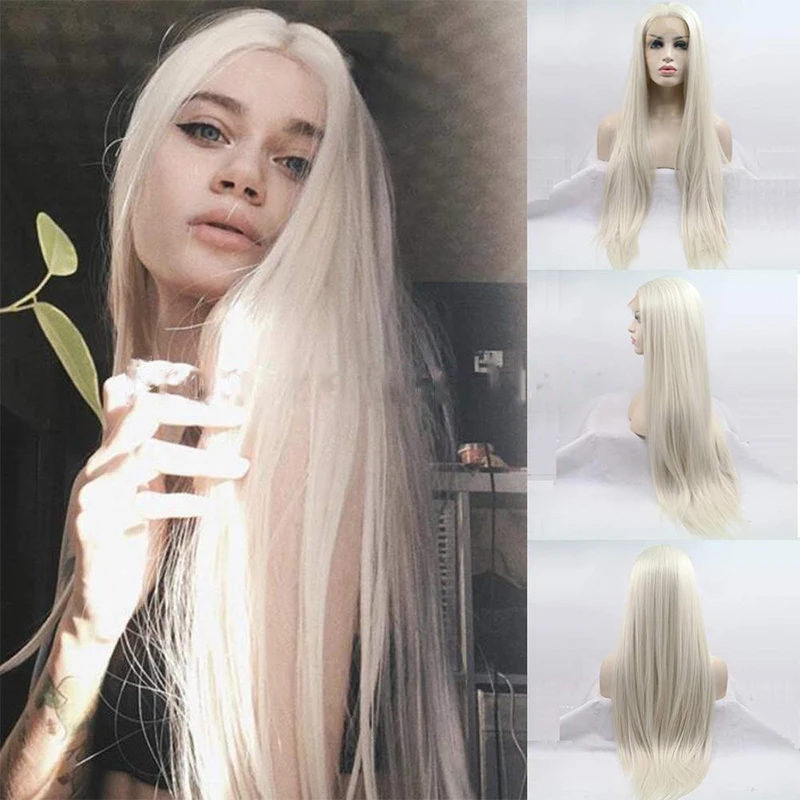 

Straight Synthetic Lace Front Wig For Black Women Silver White Blonde Colored Cosplay Glueless Wigs Heat Resistant Fiber Hair