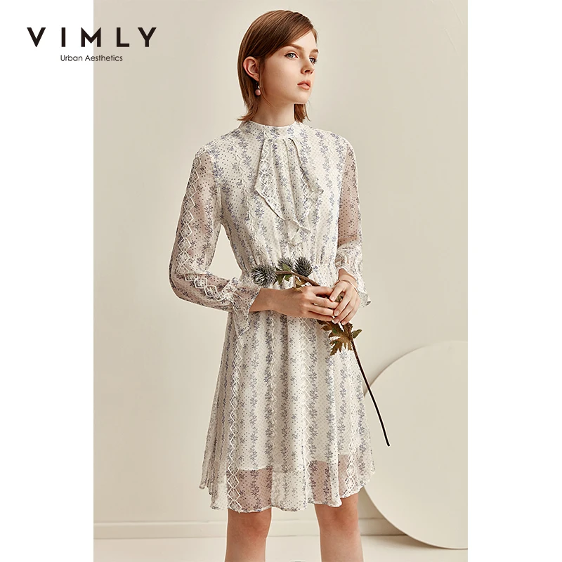 Женское винтажное платье Vimly Осеннее с воротником стойкой и высокой талией