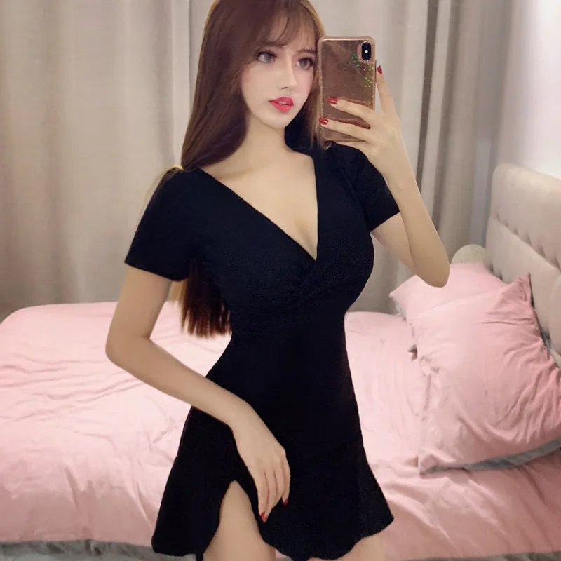 Женское облегающее мини-платье с высокой талией черное платье V-образным вырезом