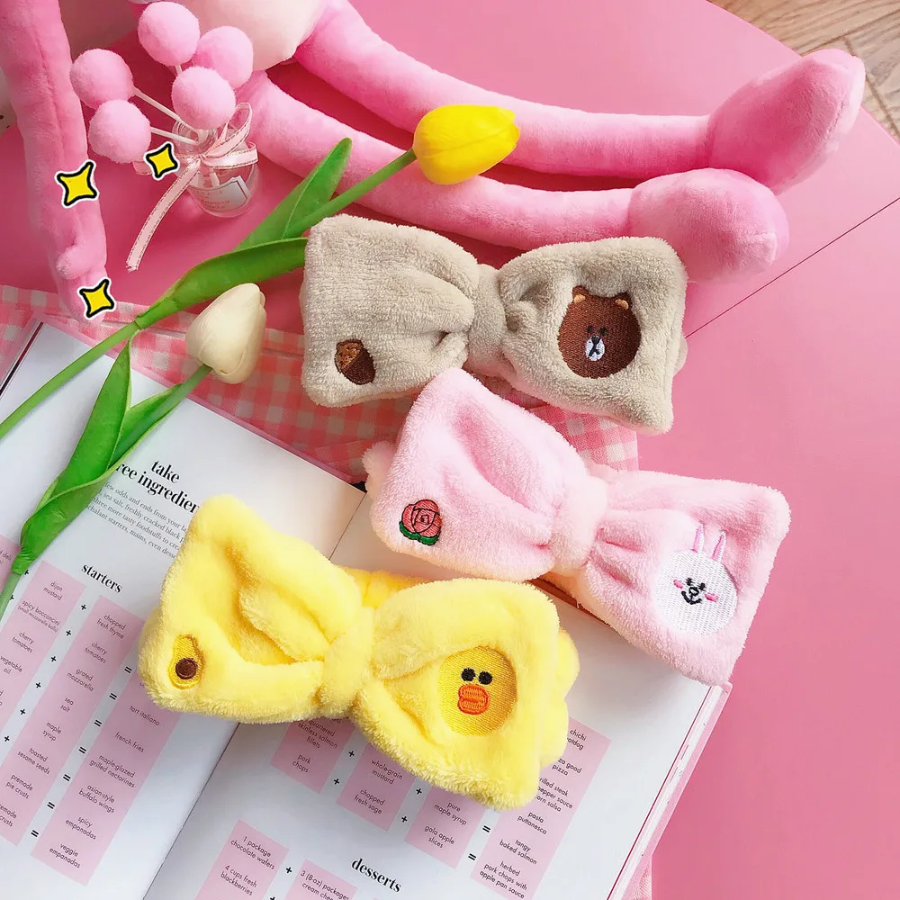 

2021 Cartoon Solid color Soft Bow Elastic Headbands For Women Girls Wash Face Coral Fleece Letter OMG Headwear Hair Accessories