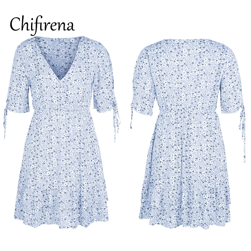 

Chifirena Summer Women Dress 2021 Floral Print Bohemian Sexy Mini Dresses for Women V Neck Ruffles Sundress Holiday Vestidos