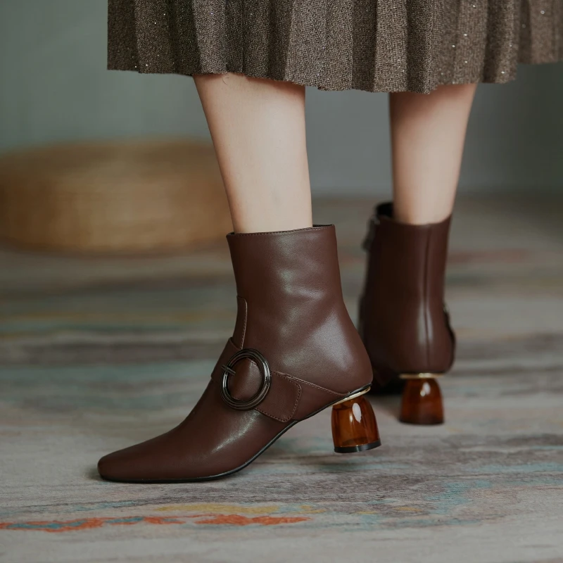

Autumn Genuine Leather Ankle Boots Women Natural Genuine Leather Block High Heel Short Boots Winter Zip Pointed Toe Shoes Lady