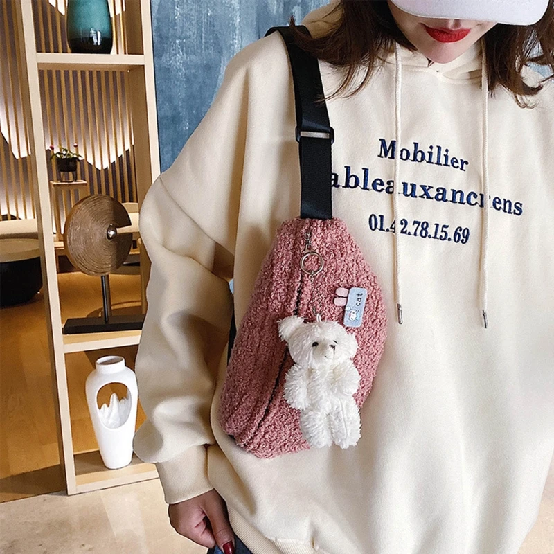 

Casual Women's Waist Bag Fanny Pack Fashion Plush Belt Bags Autumn Winter Crossbody Chest Pouch