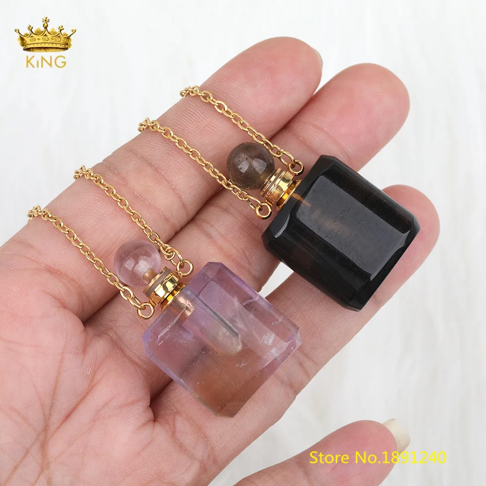 

Natural Amethysts Quartz Perfume Bottle Gold Chains Pendant Necklace Boho Women Crystal Stone Perfume Bottle Jewelry SA-10KBCB
