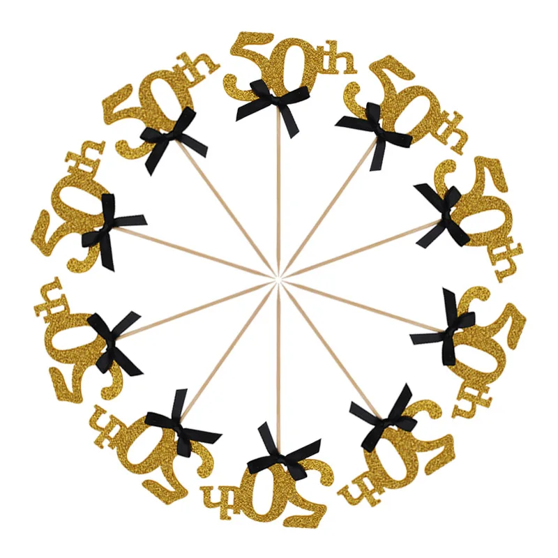 gold 50th 10 шт. Золотой Серебряный 30-й для именинного пирога Топпер счастливый 40/50/60-й юбилей день рождения украшения для взрослых Свадебные Поставки - Цвет: gold 50th