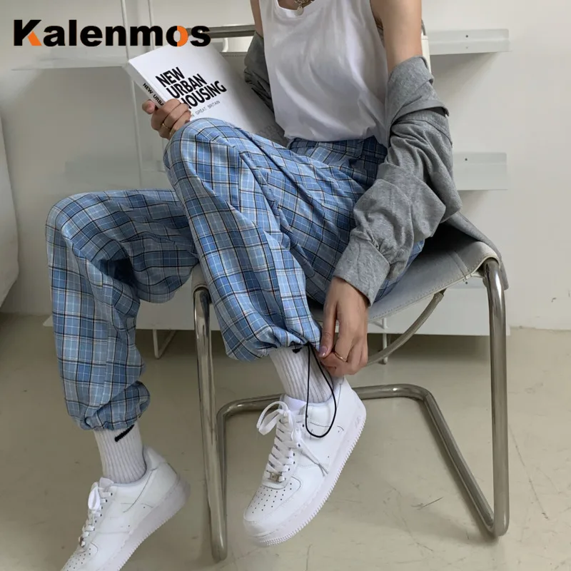 Тренировочный костюм брюки Харадзюку женские зеленые клетчатые KALENMOS прямые с
