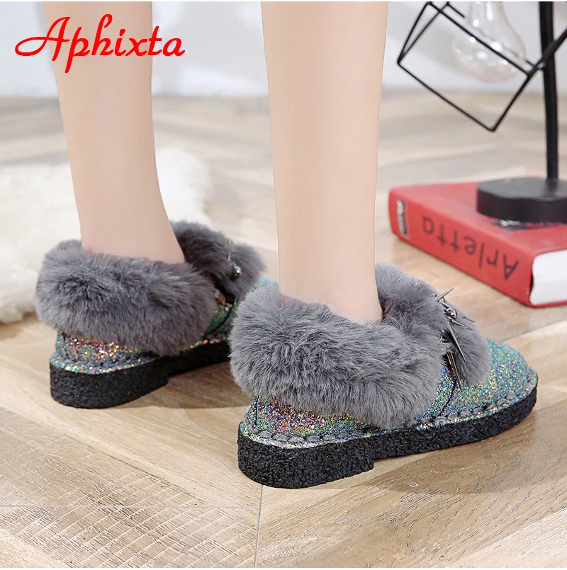 Сапоги aphixta; женские зимние ботильоны на плоской подошве; теплая женская обувь на платформе; женские меховые сапоги с круглым носком и металлической бахромой; Botas Mujer