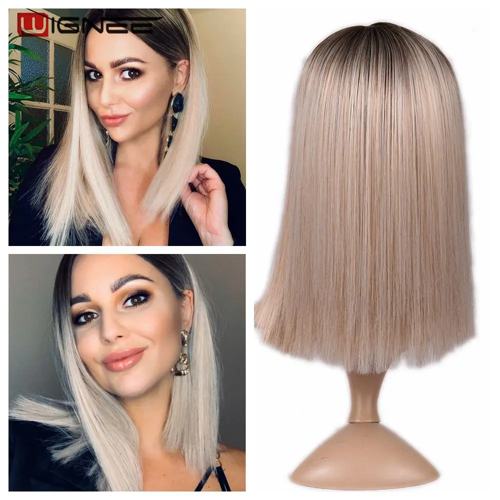 

Wignee 2 Tone Synthetic Wig Ombre Brown Ash Blonde for Women Middle Part Short Straight Hair High Temperature Cosplay Hair Wigs