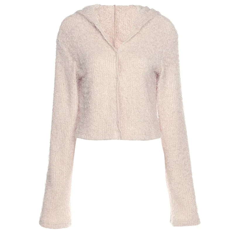 

Autumn and winter new women's solid color slim cropped hooded cardigan long sleeve jacket cardigan cropped sweater