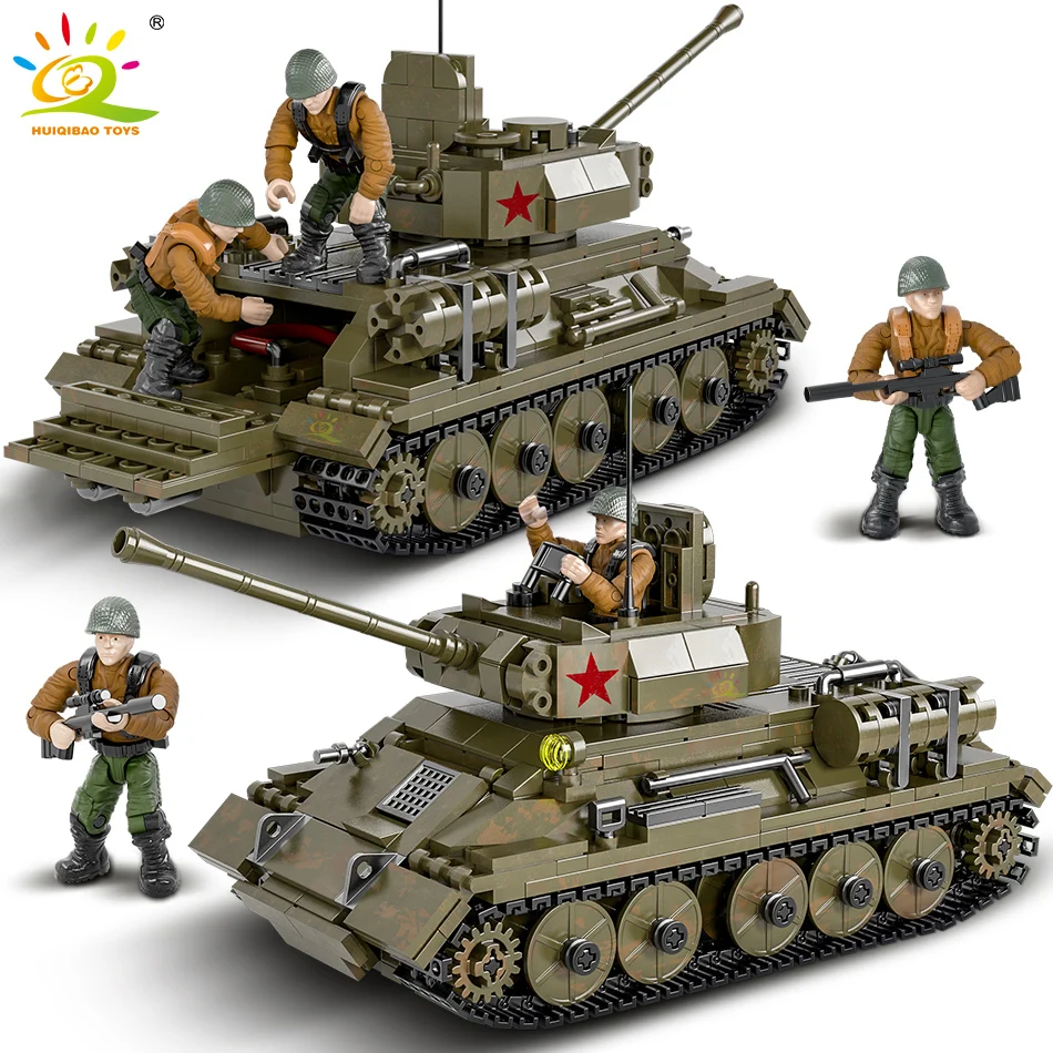 

HUIQIBAO 854pcs Military T34 Medium Tank Model Building Blocks Toys Weapon WW2 City Soldier Army Figures Bricks Toys Children