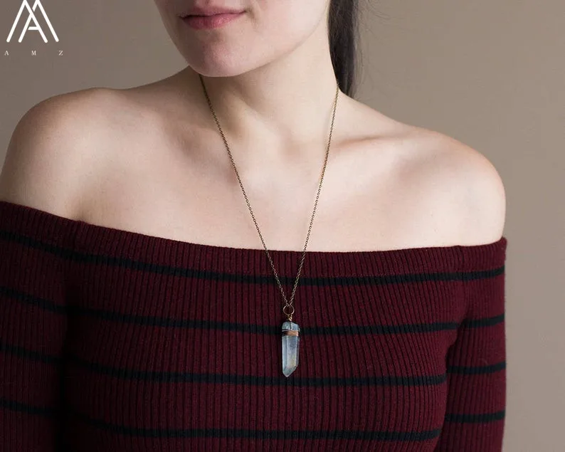 

Rough White AB Titanium Quartz Crystal Point Beads Wire Wrapped Bronze Copper Necklace Women Quartz Crystal Jewelry AMZN33AJ