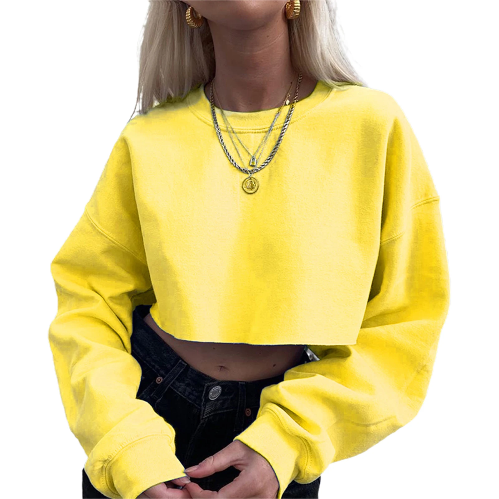 

Autumn spring Basic Crop tops solid short Pullover Ladies Women Long sleeve Crew collar sweatshirt Casual Streetwear Clothes