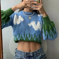 autumn winter jacquard sweater jumper pullovers women happy crewneck sky clouds knitted sweater