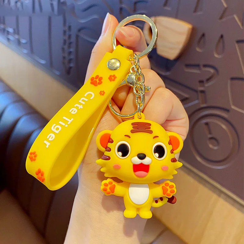 Cartoon silicone Pink yellow Cute small Tiger Key Chain For Women Kawaii big eyes Keychain Fashion Bag Keyring Charm Gift |