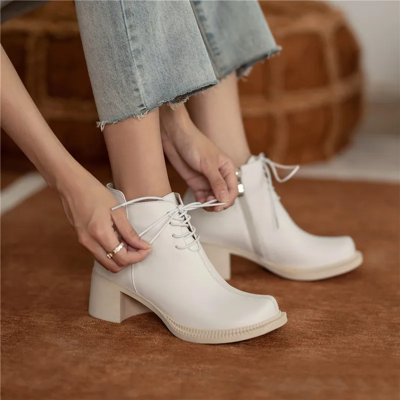 

MORAZORA 2020 Genuine leather boots thick heels square toe ladies shoes autumn winter fashion lace up solid color ankle boots