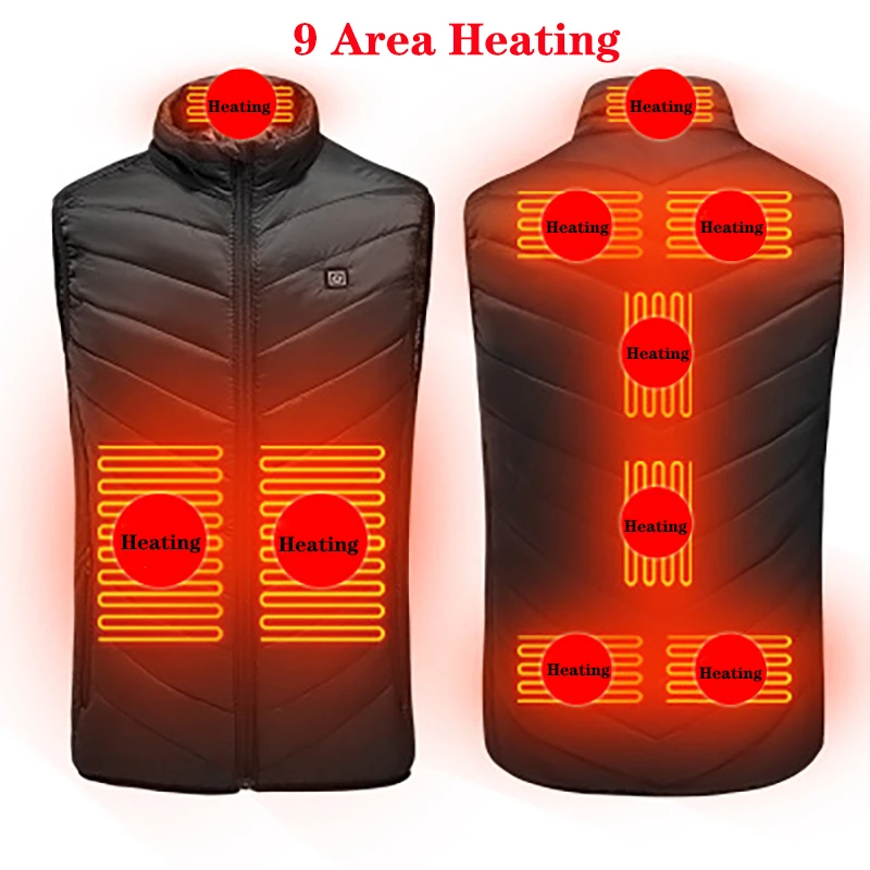 

New 9 Places Heated Vest Men Women Usb Heated Jacket Heating Vest Thermal Clothing Hunting Vest Winter Heating Jacket BlackS-6XL