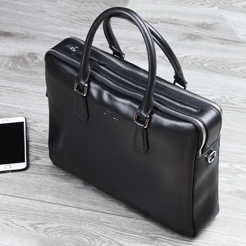 Men 's leather briefcase purses double zipper handbag office bag business bag style single multi-layer shoulder bag Crossbod