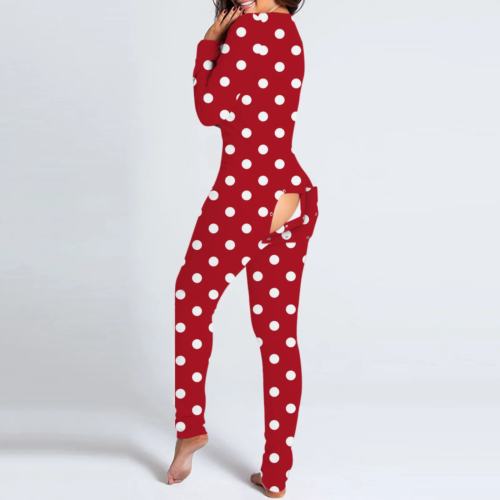 Sexy Women Christmas Cutout Functional Buttoned Flap Adults Pajamas Club Button Design Plunge Lounge Jumpsuit