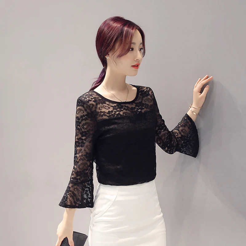 2017 Весенняя Кружевная блуза большого размера свободная 3/4 рубашка с