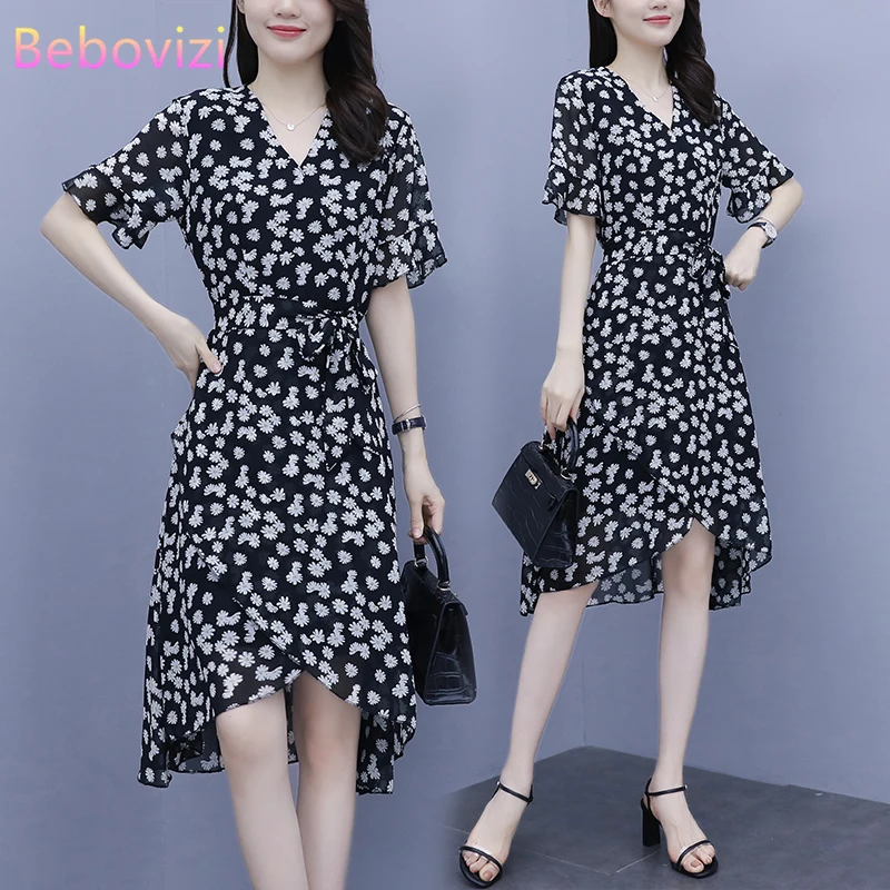 

Женское шифоновое платье-миди, черное Элегантное повседневное офисное платье с коротким рукавом, V-образным вырезом и цветочным рисунком, м...
