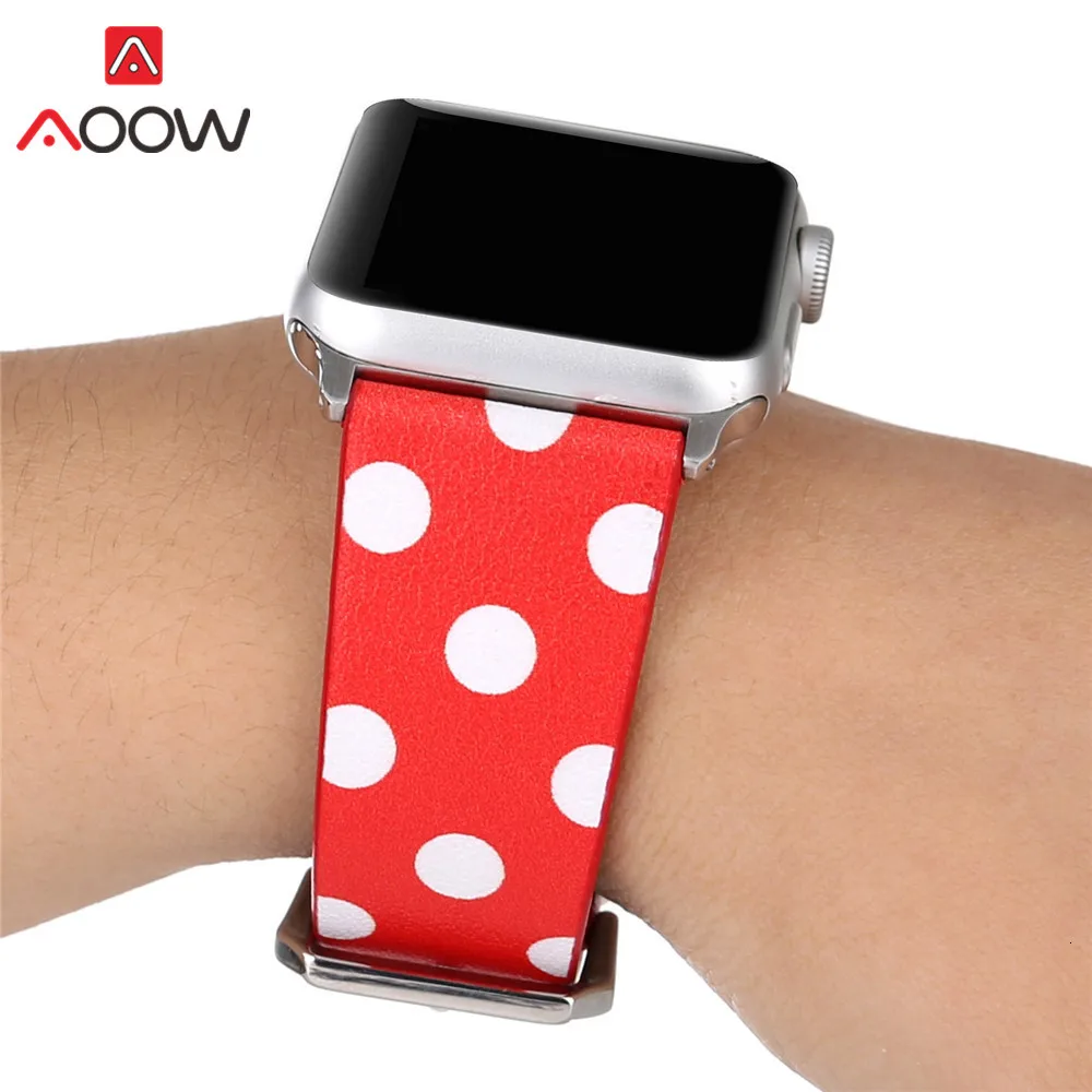 Кожаный ремешок для часов Apple Watch 40 мм 44 мм 38 мм 42 мм черный белый розовый узор в горошек браслет ремешок для iWatch 1 2 3 4