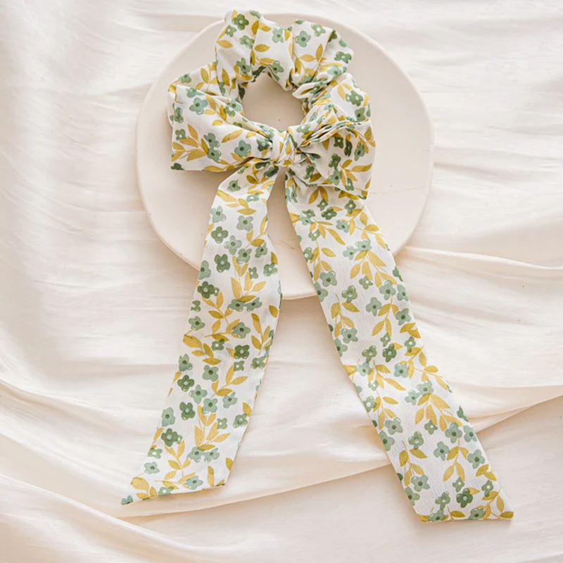 

1PC Floral Print Hair Accessories Long Scarf Ribbons Scrunchie For Women Elegant Bow Tie Ponytail Holder Girl Elastic Hair Bands
