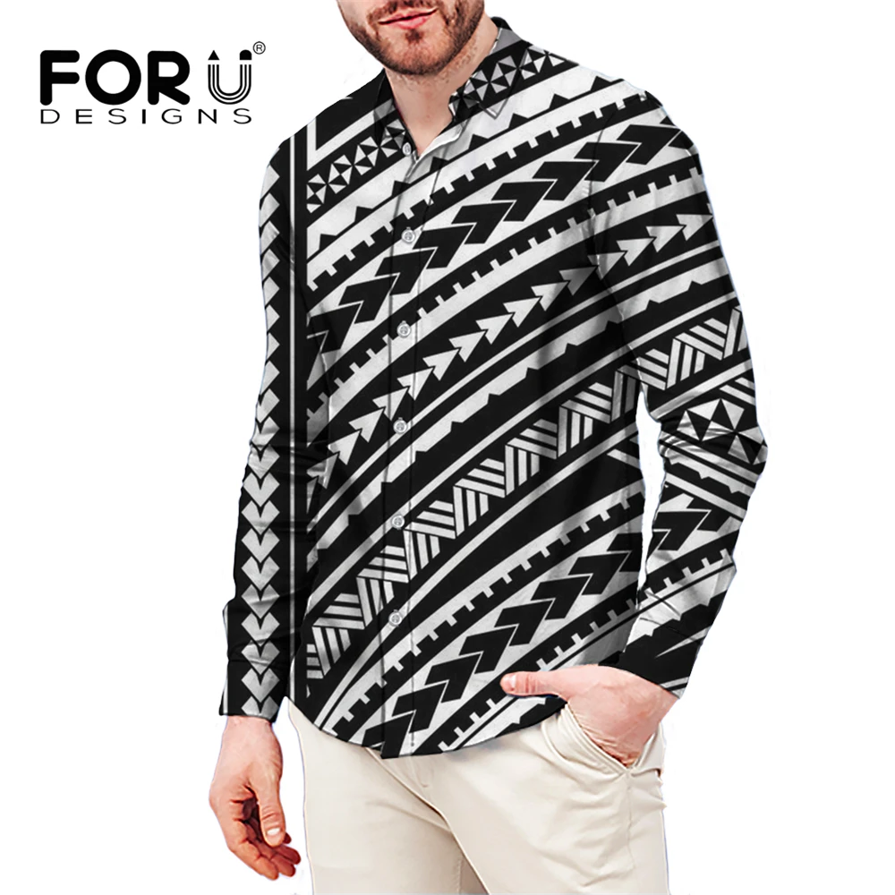 

FORUDESIGNS/стиль маори, тату, этнический узор, мужской цвет, на пуговицах, воротник, обычная посадка, для работы, белая, черная рубашка, дышащая бл...